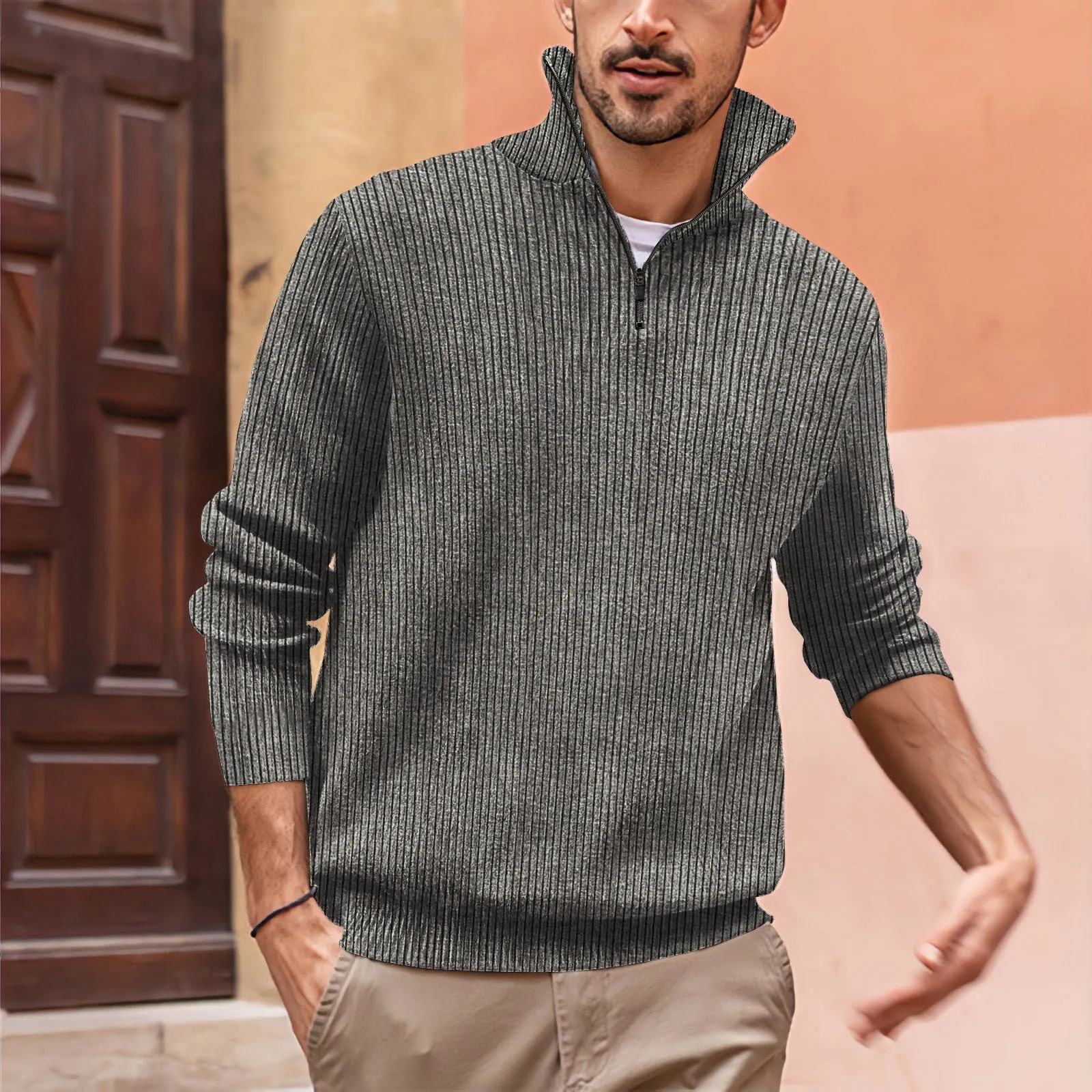 New POLO zip high neck men's polo shirt long sleeve loose fit stripes print chemical fibre blend black colour