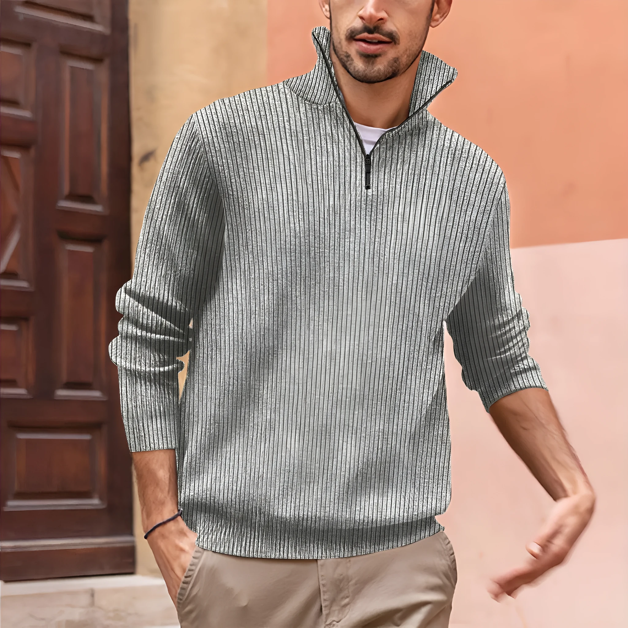 New POLO zip high neck men's polo shirt long sleeve loose fit stripes print chemical fibre blend black colour