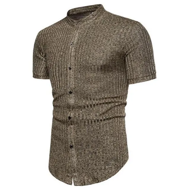 Men's casual short sleeve shirt in black, brown, and gray cotton blend, sizes M to 3XL
