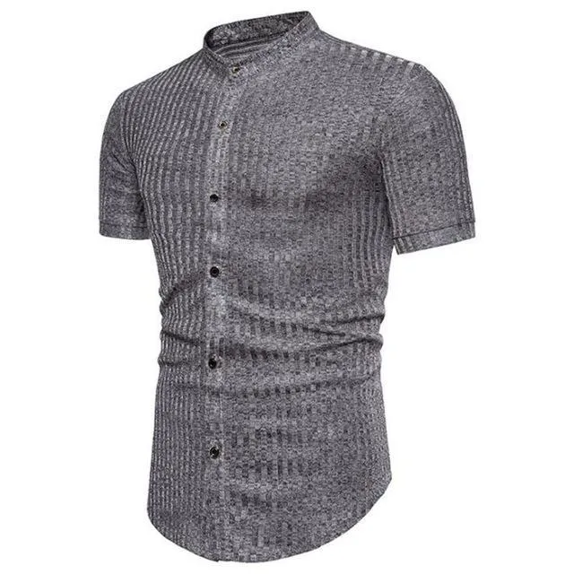 Men's casual short sleeve shirt in black, brown, and gray cotton blend, sizes M to 3XL