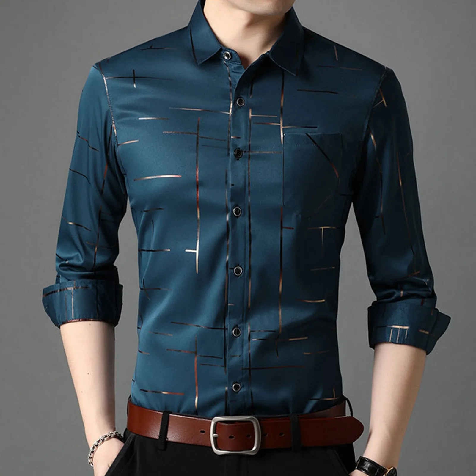 Slim fit men's shirt dress with gold stripe printing, long sleeves, and lapel collar in black