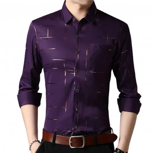 Slim fit men's shirt dress with gold stripe printing, long sleeves, and lapel collar in black