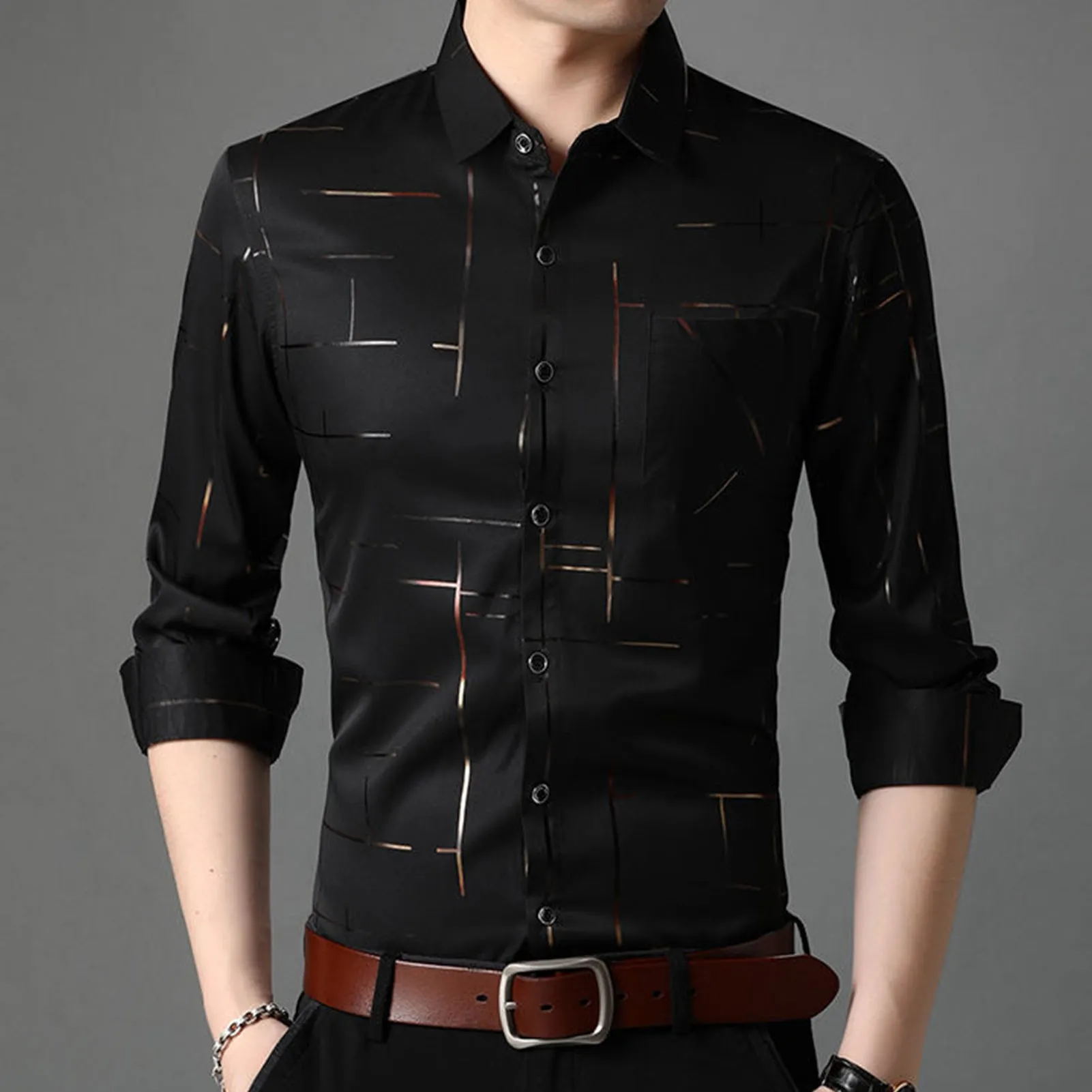 Slim fit men's shirt dress with gold stripe printing, long sleeves, and lapel collar in black