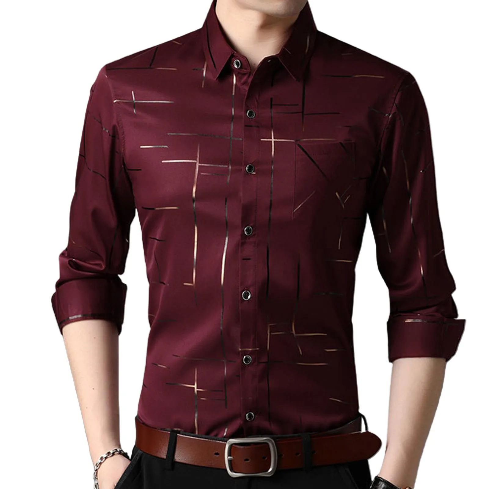 Slim fit men's shirt dress with gold stripe printing, long sleeves, and lapel collar in black