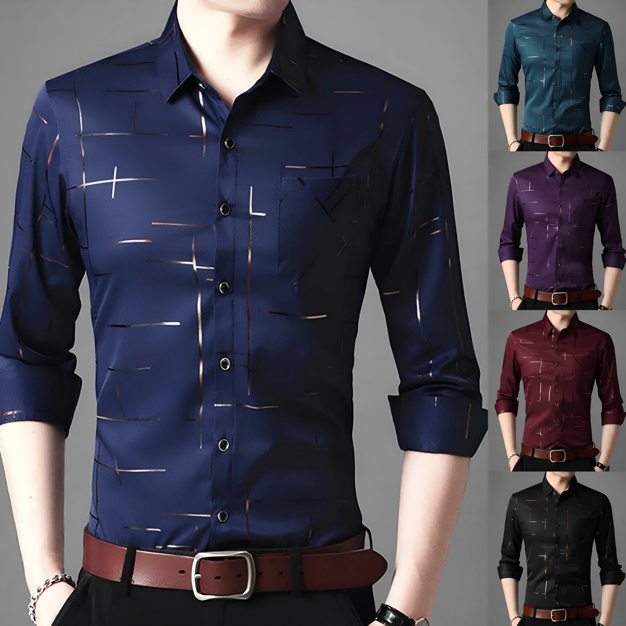 Slim fit men's shirt dress with gold stripe printing, long sleeves, and lapel collar in black