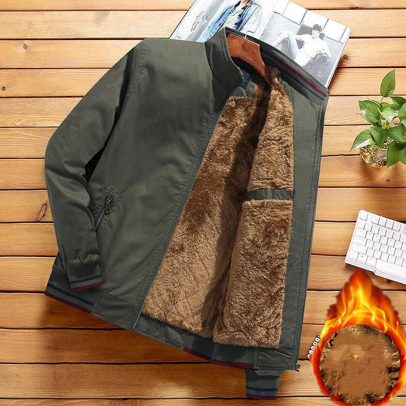 Plus velvet thick winter jacket for middle aged men, brown cotton, stripe design, zipper front
