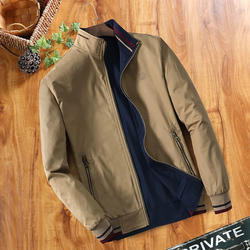 Plus velvet thick winter jacket for middle aged men, brown cotton, stripe design, zipper front