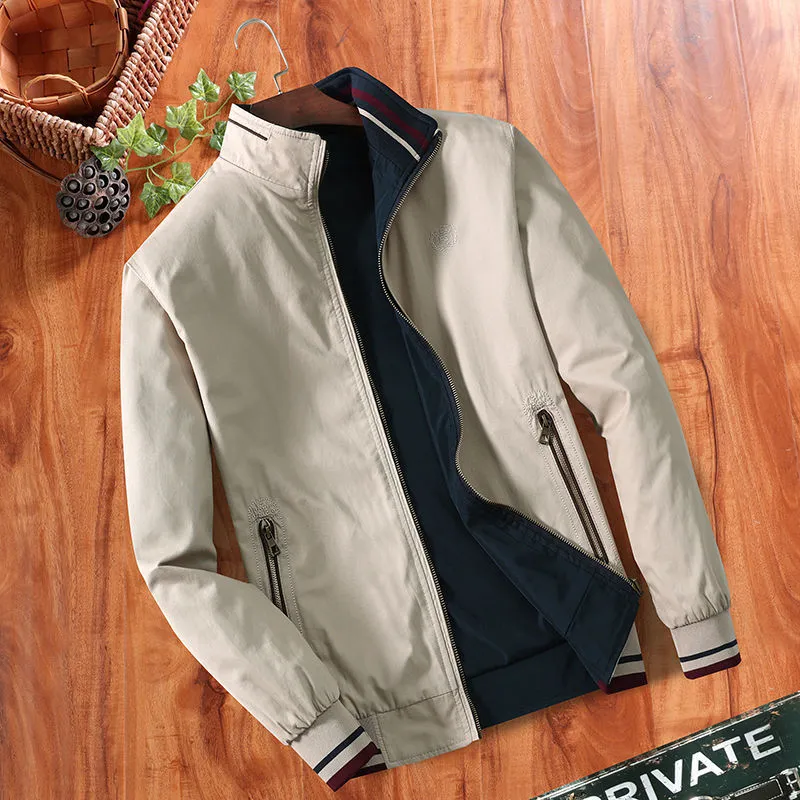 Plus velvet thick winter jacket for middle aged men, brown cotton, stripe design, zipper front