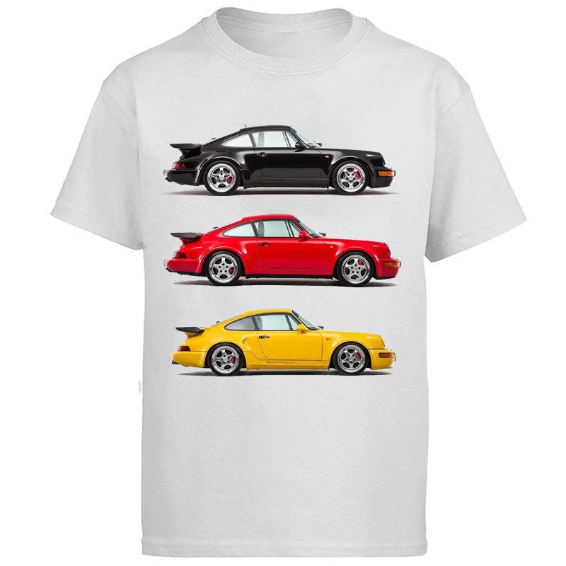 White cotton short sleeve T shirt with car racing classic graphic in retro style