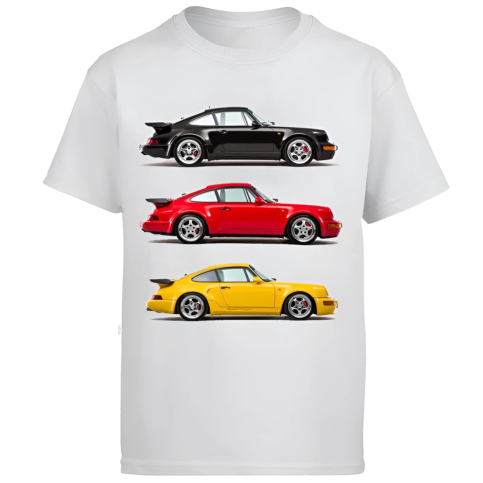 White cotton short sleeve T shirt with car racing classic graphic in retro style