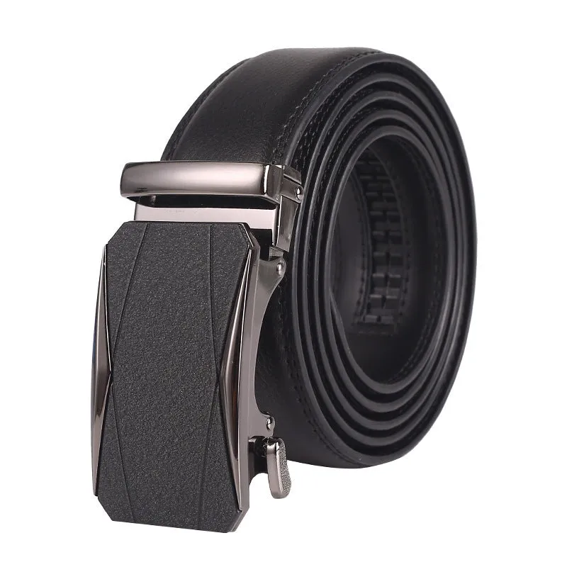 Men's genuine two-layer cowhide leather automatic buckle belt with embossed patent finish and electroplated alloy buckle