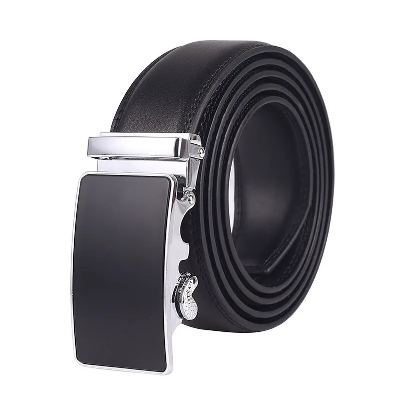Men's genuine two-layer cowhide leather automatic buckle belt with embossed patent finish and electroplated alloy buckle