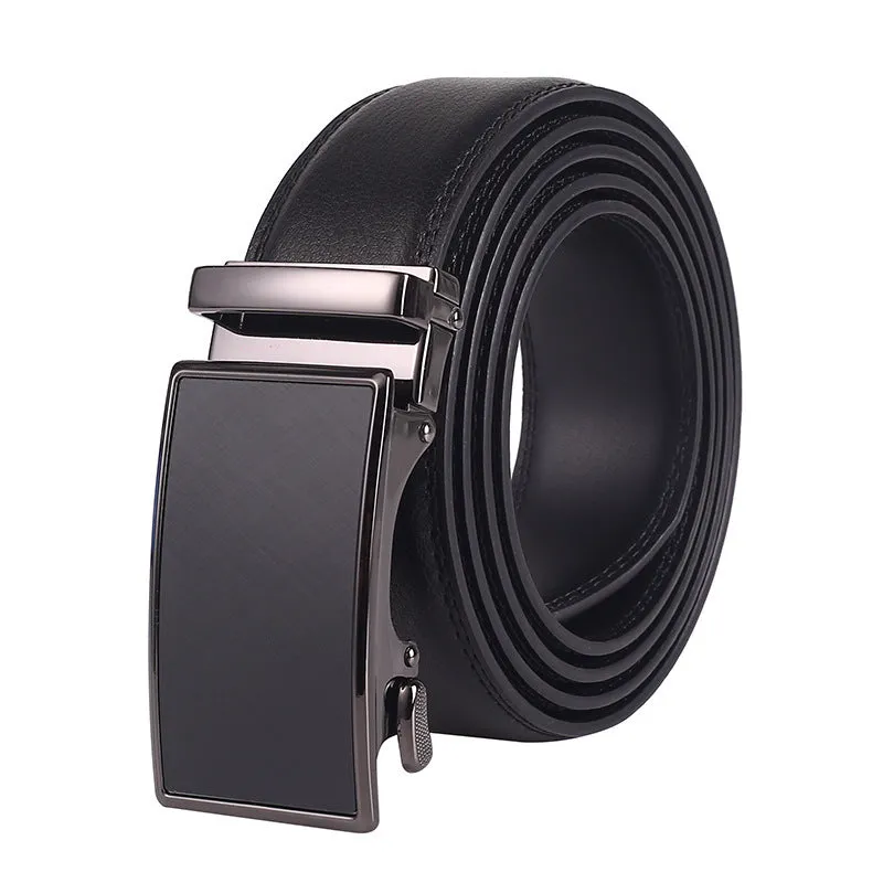 Men's genuine two-layer cowhide leather automatic buckle belt with embossed patent finish and electroplated alloy buckle