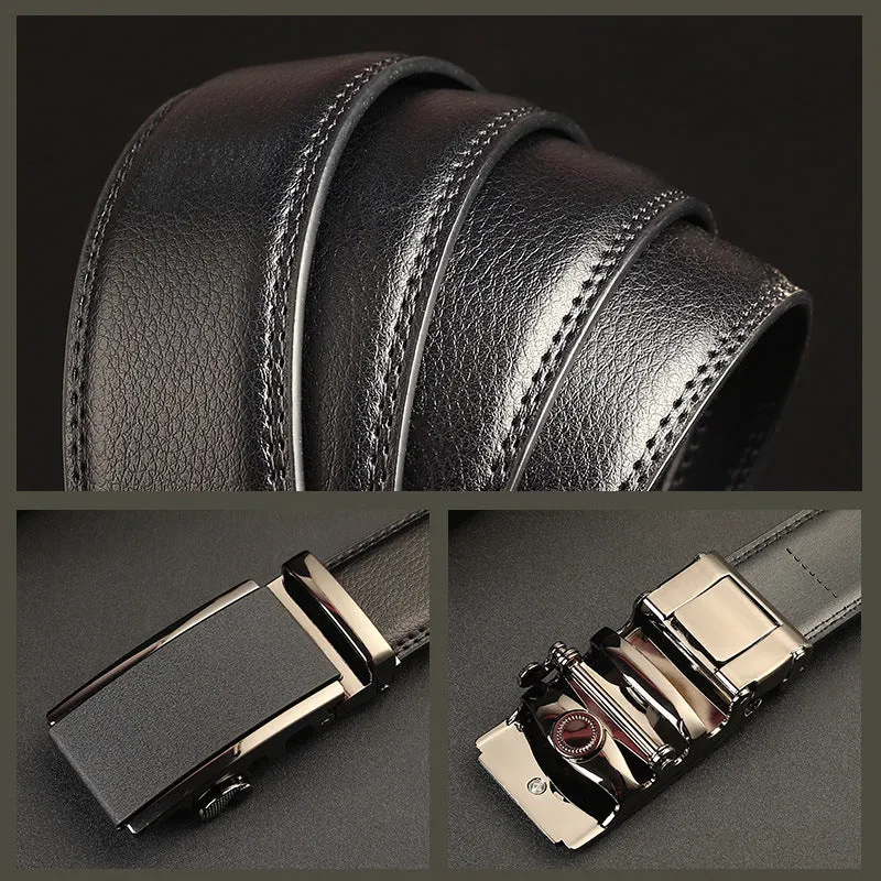 Men's genuine two-layer cowhide leather automatic buckle belt with embossed patent finish and electroplated alloy buckle
