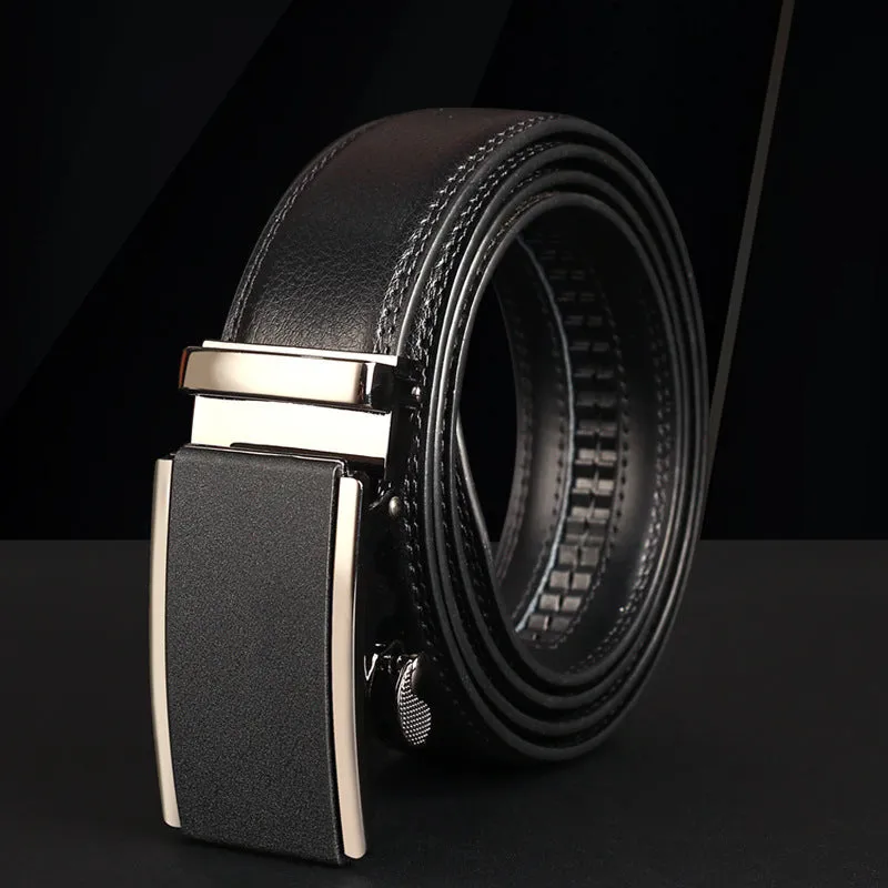Men's genuine two-layer cowhide leather automatic buckle belt with embossed patent finish and electroplated alloy buckle