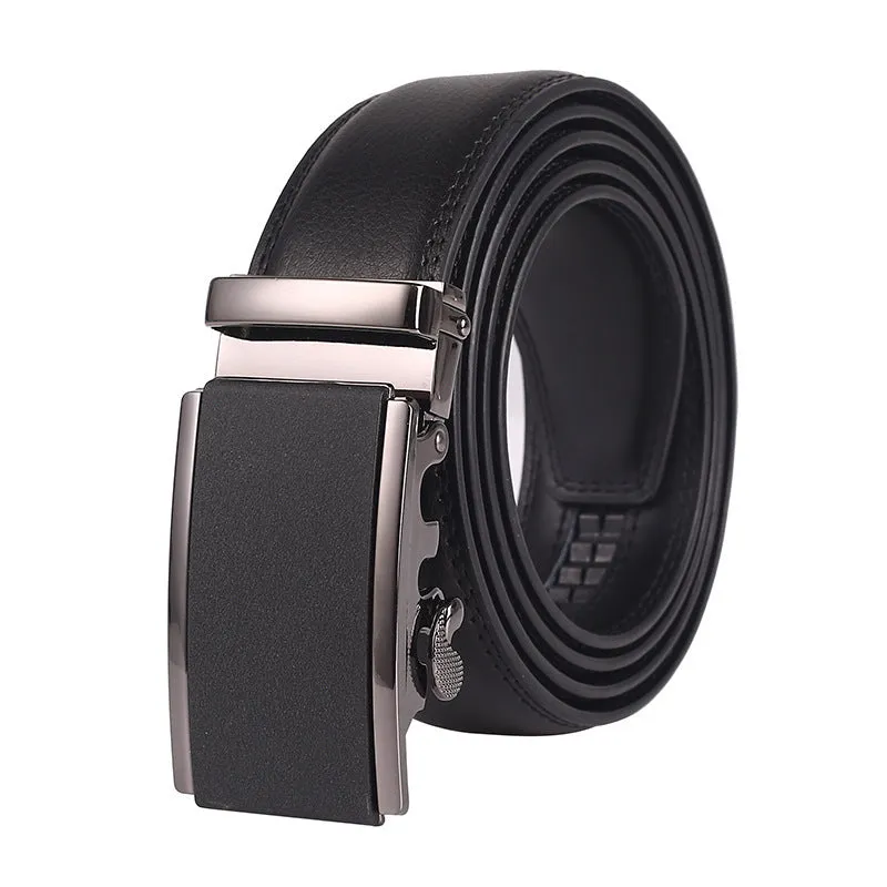 Men's genuine two-layer cowhide leather automatic buckle belt with embossed patent finish and electroplated alloy buckle