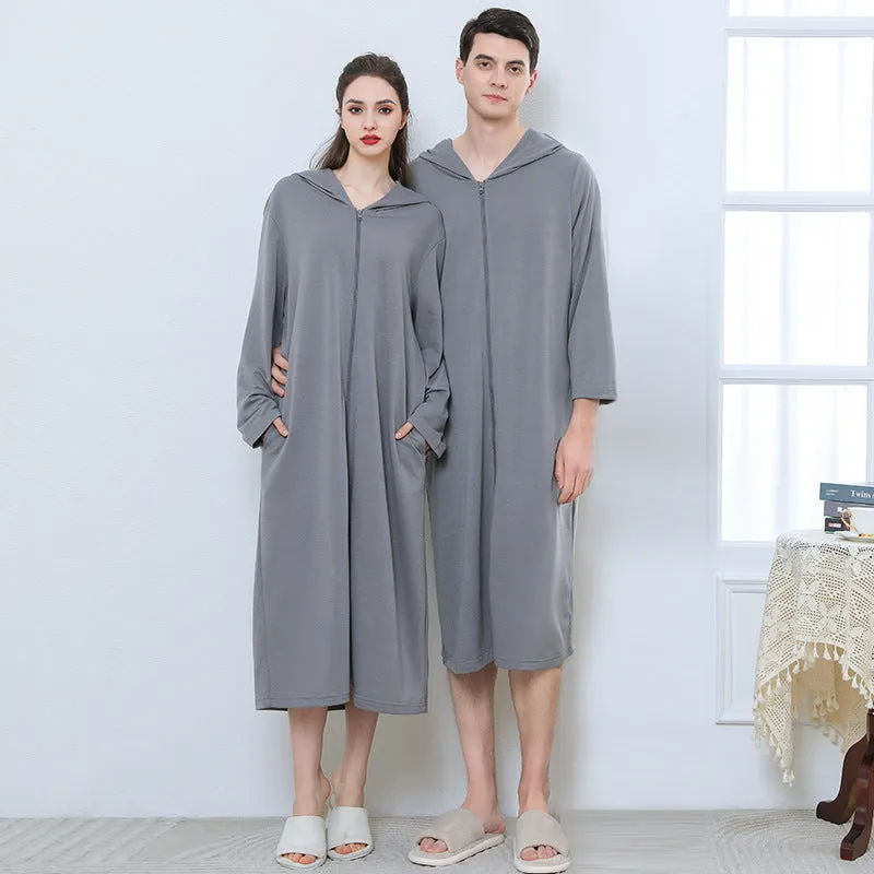 Hooded zipper bathrobe set for couples in thin polyester, available in multiple colours
