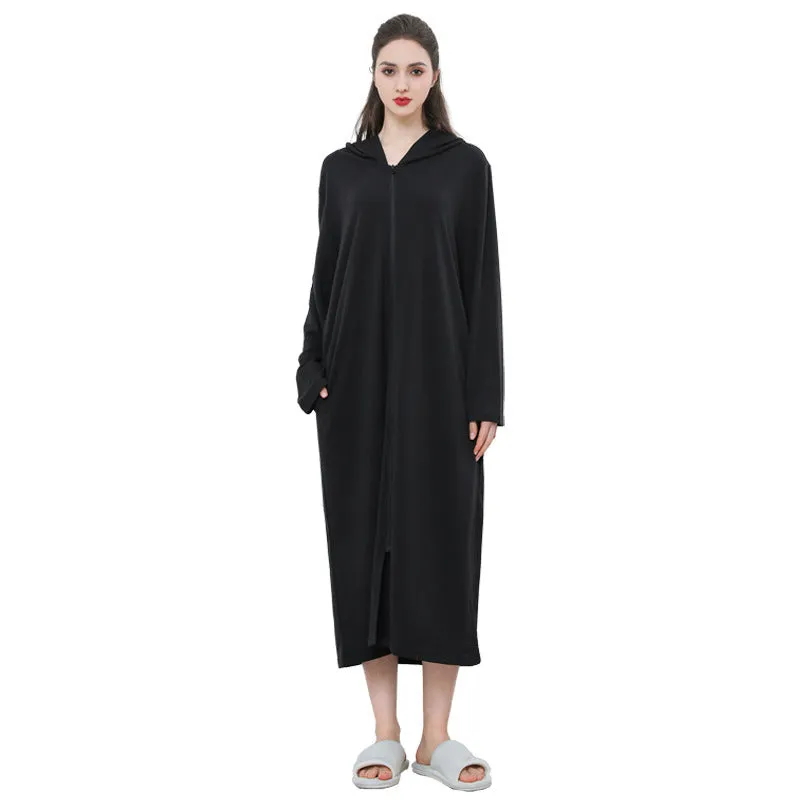 Hooded zipper bathrobe set for couples in thin polyester, available in multiple colours