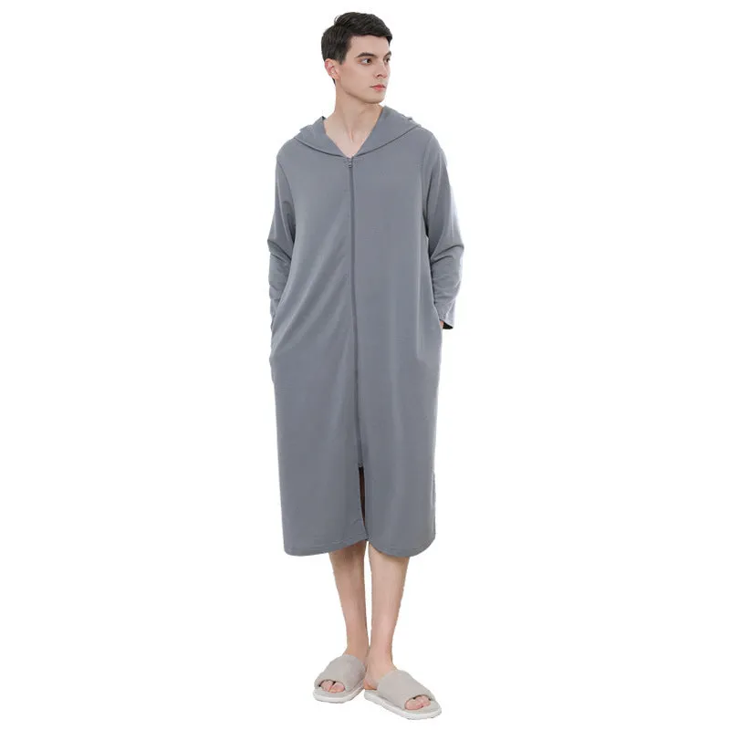 Hooded zipper bathrobe set for couples in thin polyester, available in multiple colours