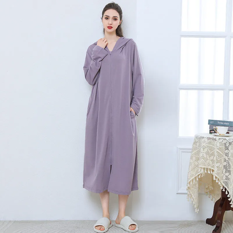 Hooded zipper bathrobe set for couples in thin polyester, available in multiple colours
