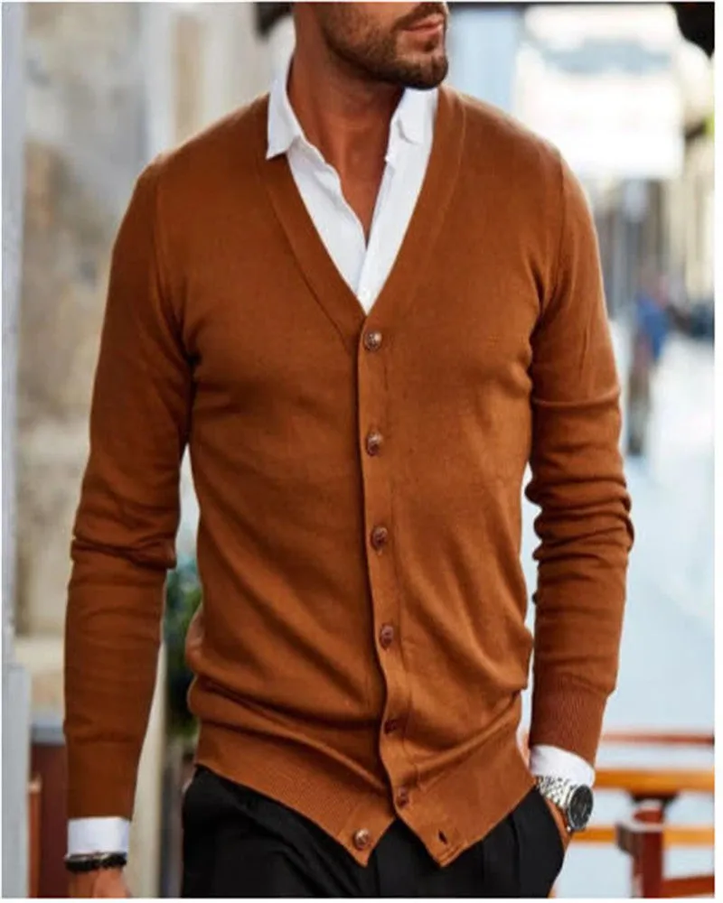 Men's long sleeve cotton spandex sweater jacket in beige, front view