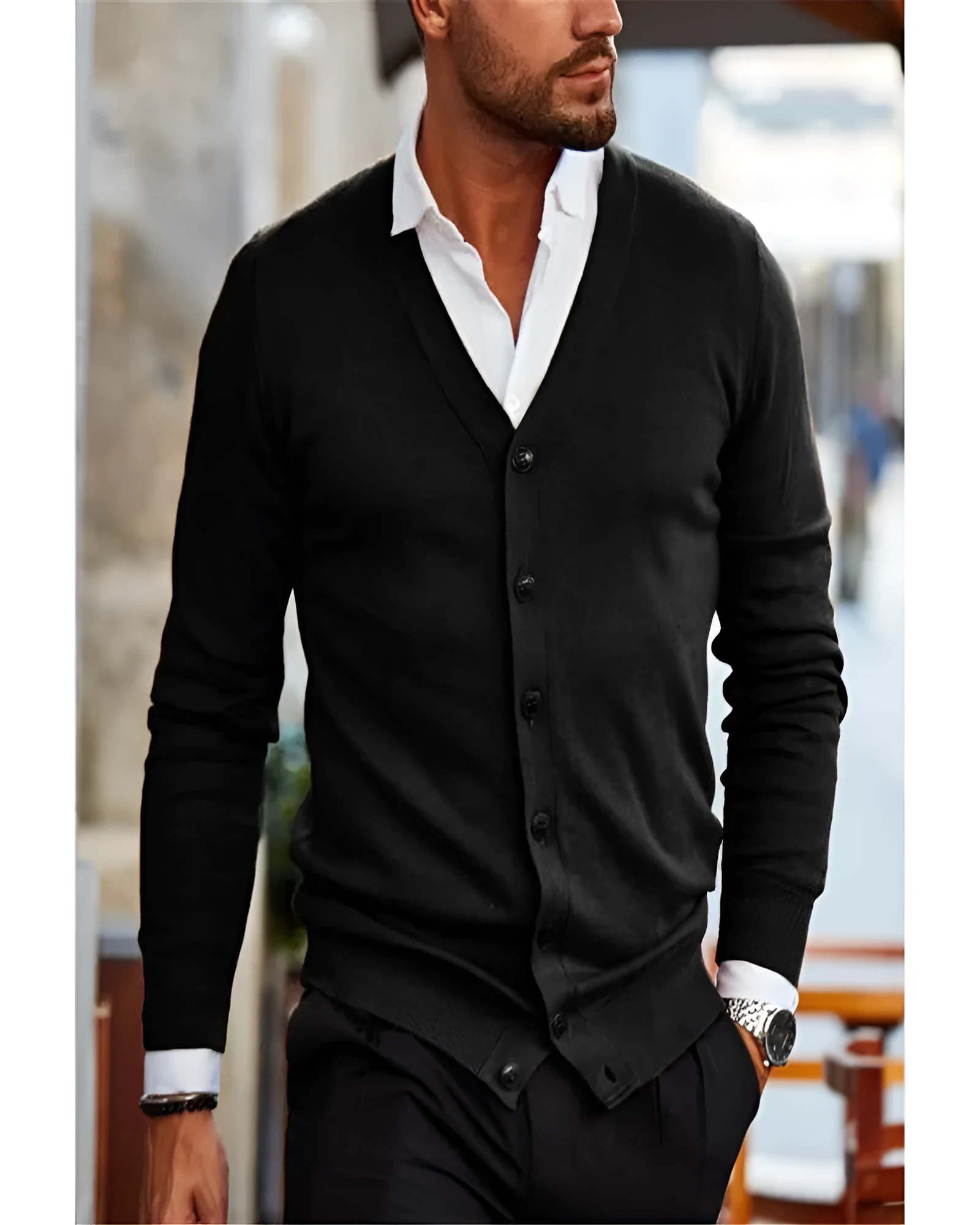 Men's long sleeve cotton spandex sweater jacket in beige, front view