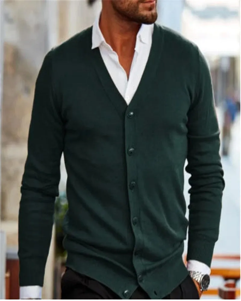 Men's long sleeve cotton spandex sweater jacket in beige, front view