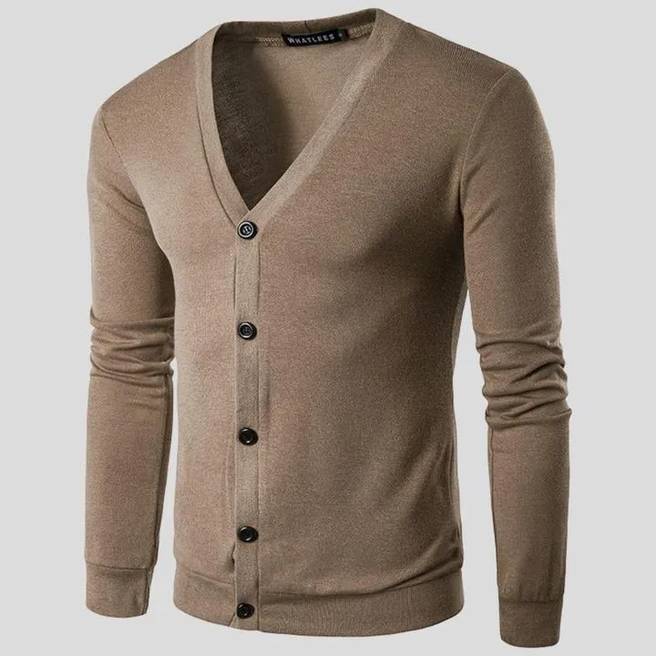 Men's long sleeve cotton spandex sweater jacket in beige, front view