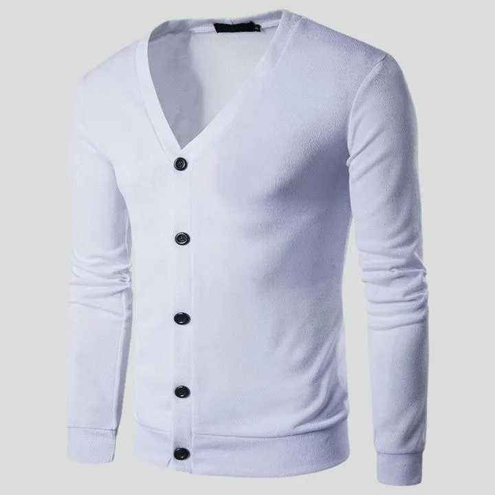 Men's long sleeve cotton spandex sweater jacket in beige, front view