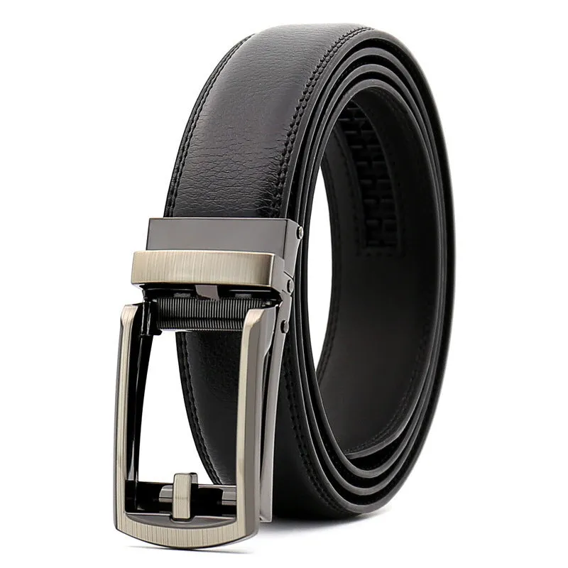 Men's cowhide belt with gun colour metal buckle on black ribbon body, laid flat against a neutral background