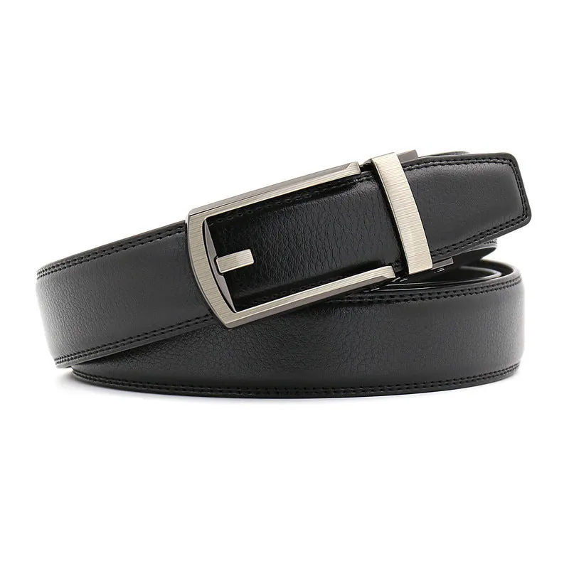 Men's cowhide belt with gun colour metal buckle on black ribbon body, laid flat against a neutral background