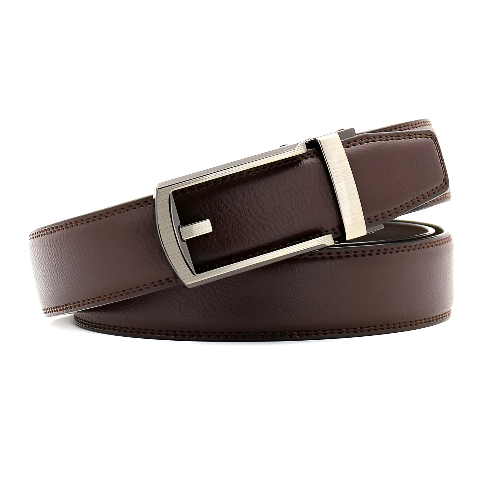Men's cowhide belt with gun colour metal buckle on black ribbon body, laid flat against a neutral background