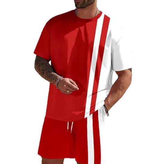 Men's loose-fit polyester short-sleeved top and shorts suit for summer leisure wear