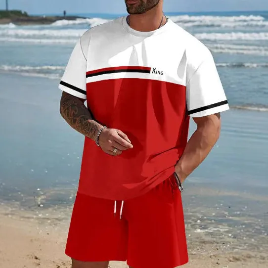 Men's loose-fit polyester short-sleeved top and shorts suit for summer leisure wear