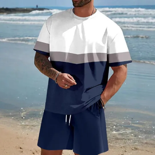Men's loose-fit polyester short-sleeved top and shorts suit for summer leisure wear