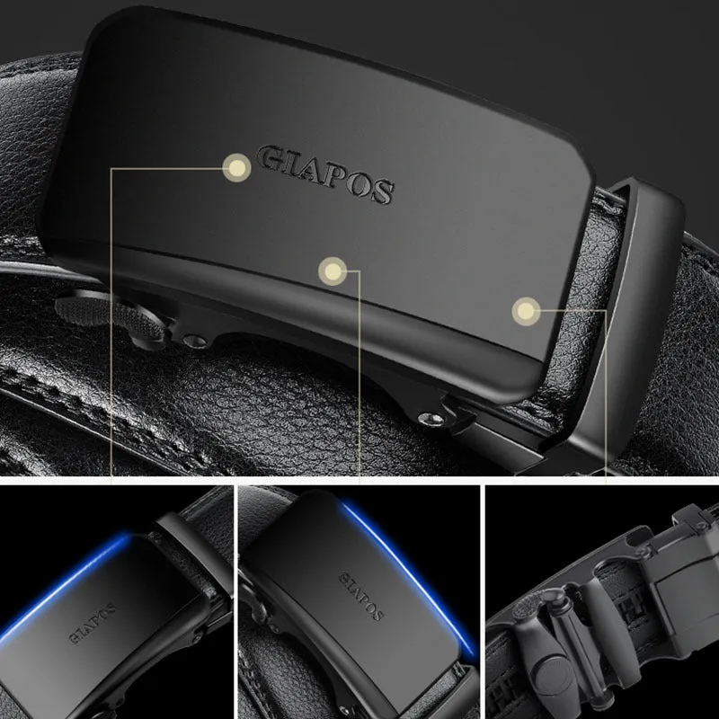 Men's automatic buckle real leather belt in black colour shown on a plain background.