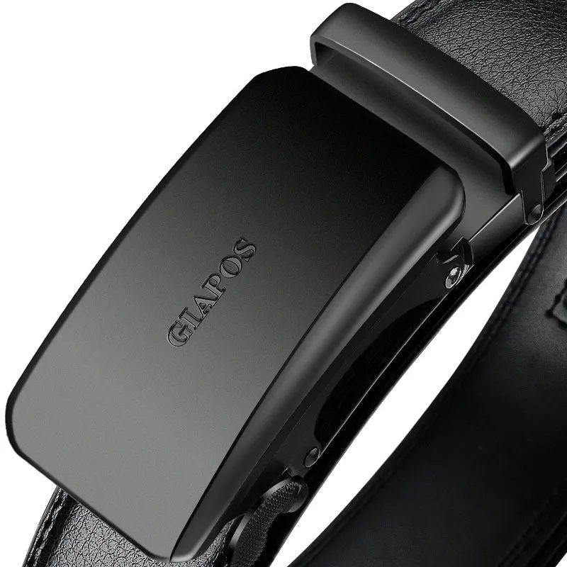 Men's automatic buckle real leather belt in black colour shown on a plain background.