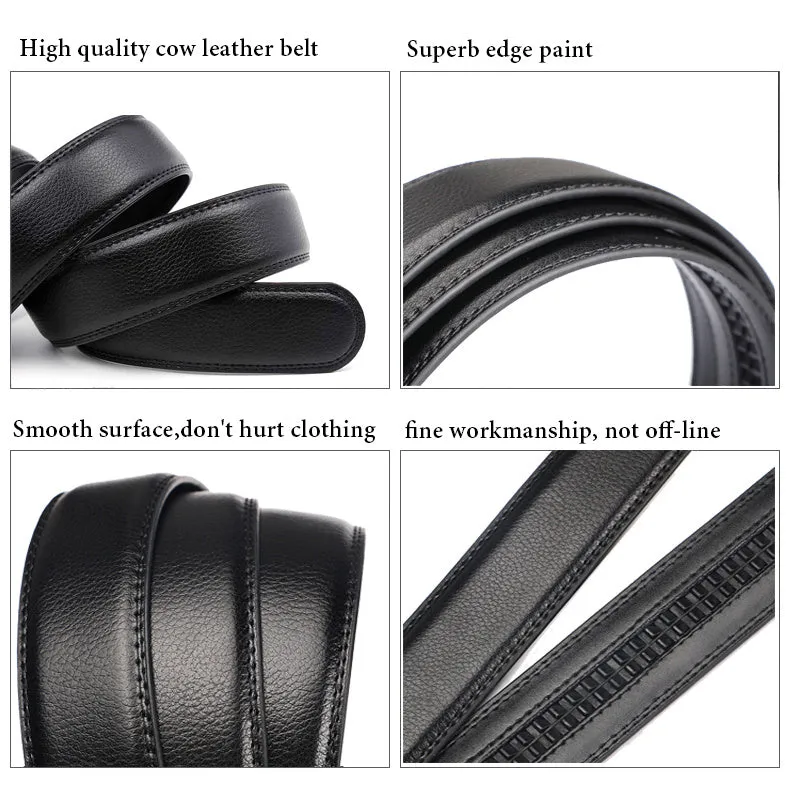 Men's automatic buckle real leather belt in black colour shown on a plain background.