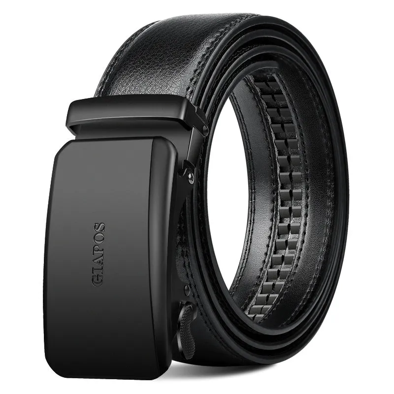 Men's automatic buckle real leather belt in black colour shown on a plain background.