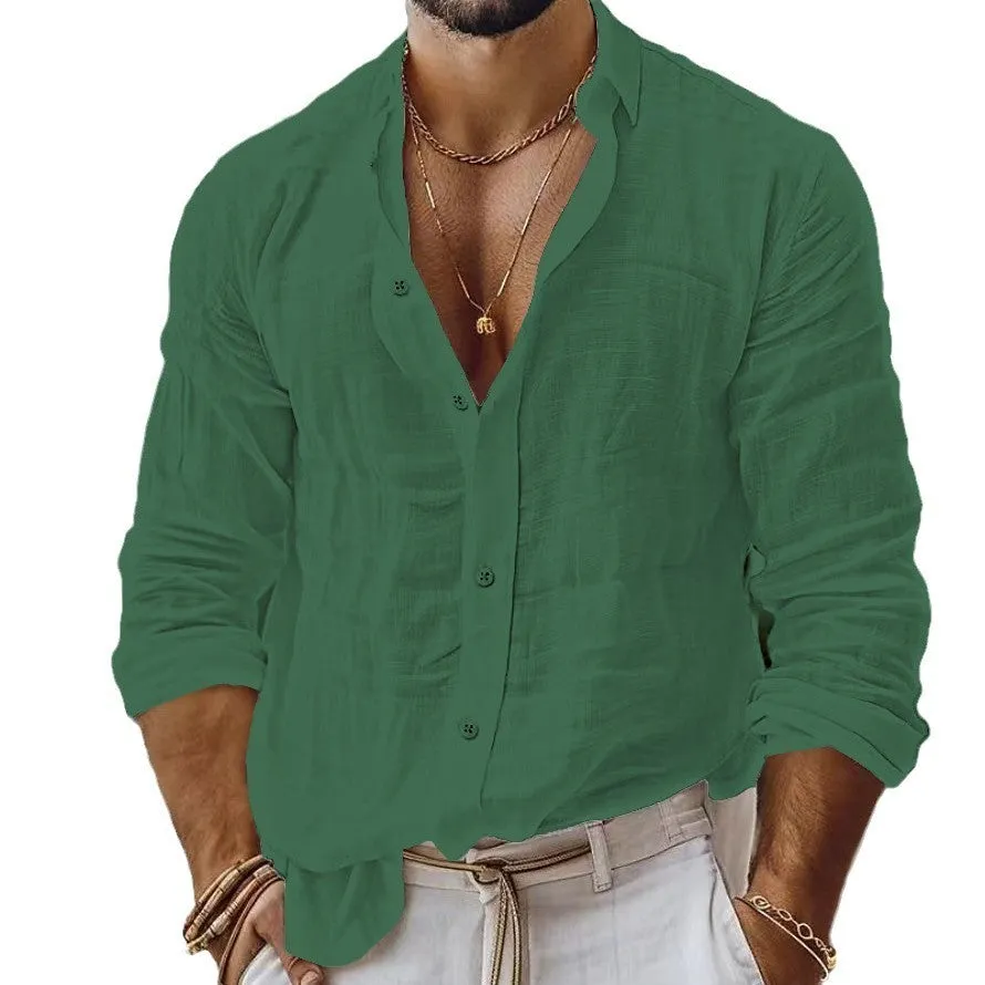 Men's solid colour cotton linen blend long sleeve shirt in regular cardigan style on white background