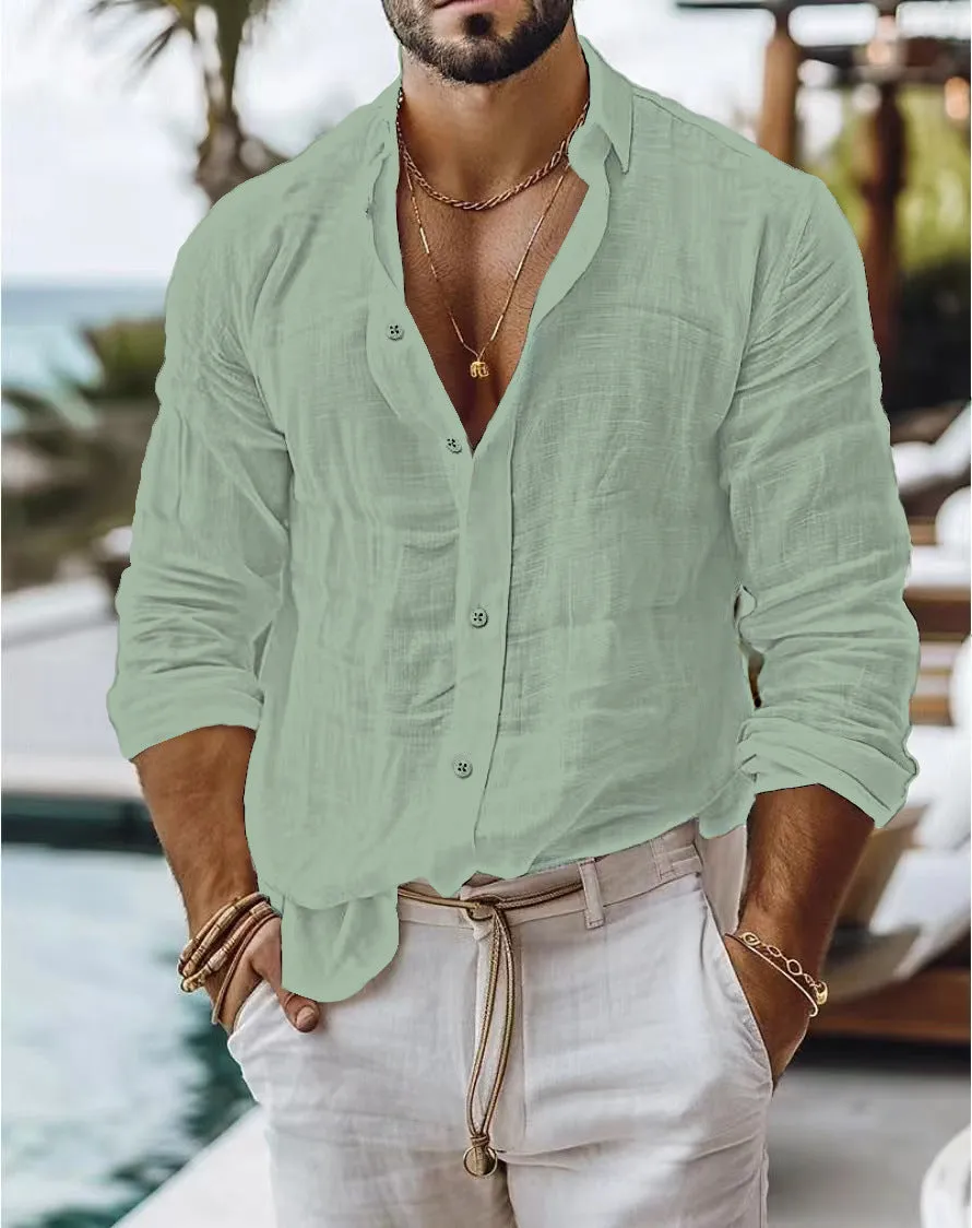 Men's solid colour cotton linen blend long sleeve shirt in regular cardigan style on white background