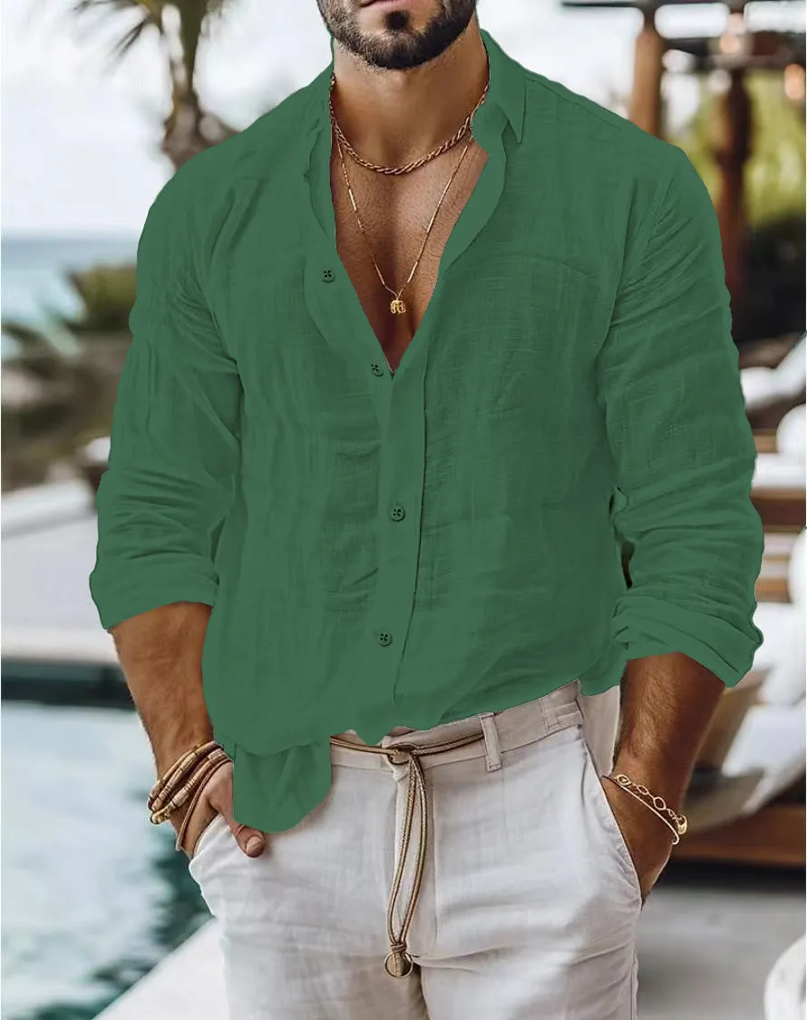 Men's solid colour cotton linen blend long sleeve shirt in regular cardigan style on white background