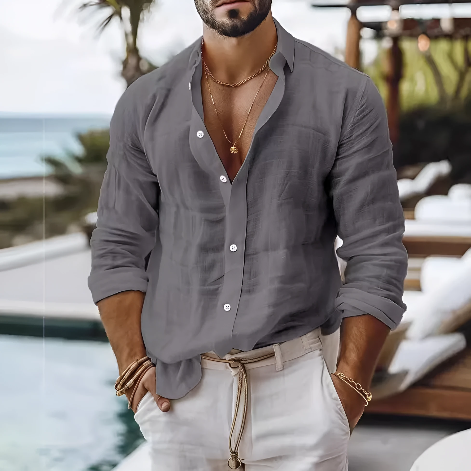 Men's solid colour cotton linen blend long sleeve shirt in regular cardigan style on white background