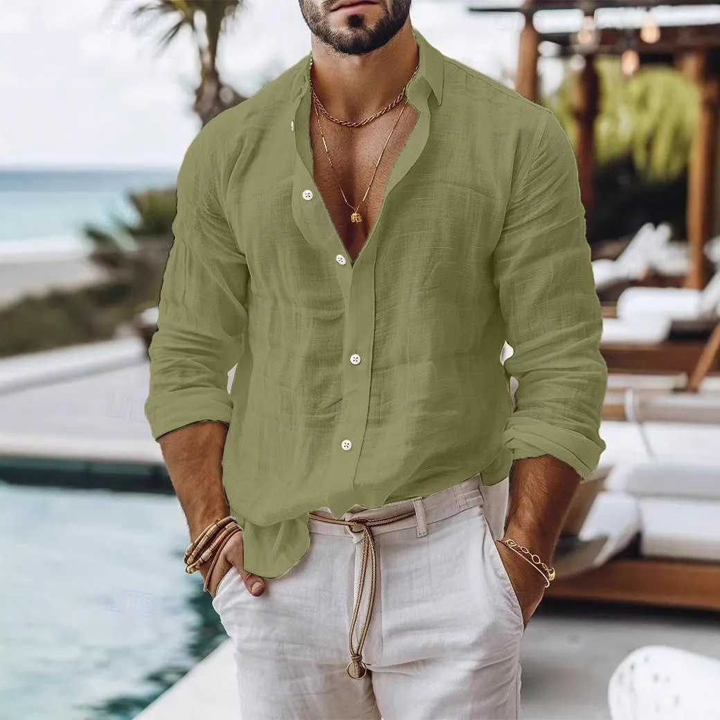 Men's solid colour cotton linen blend long sleeve shirt in regular cardigan style on white background