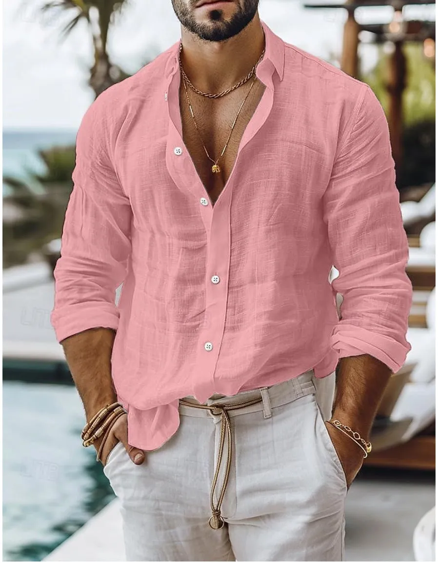 Men's solid colour cotton linen blend long sleeve shirt in regular cardigan style on white background