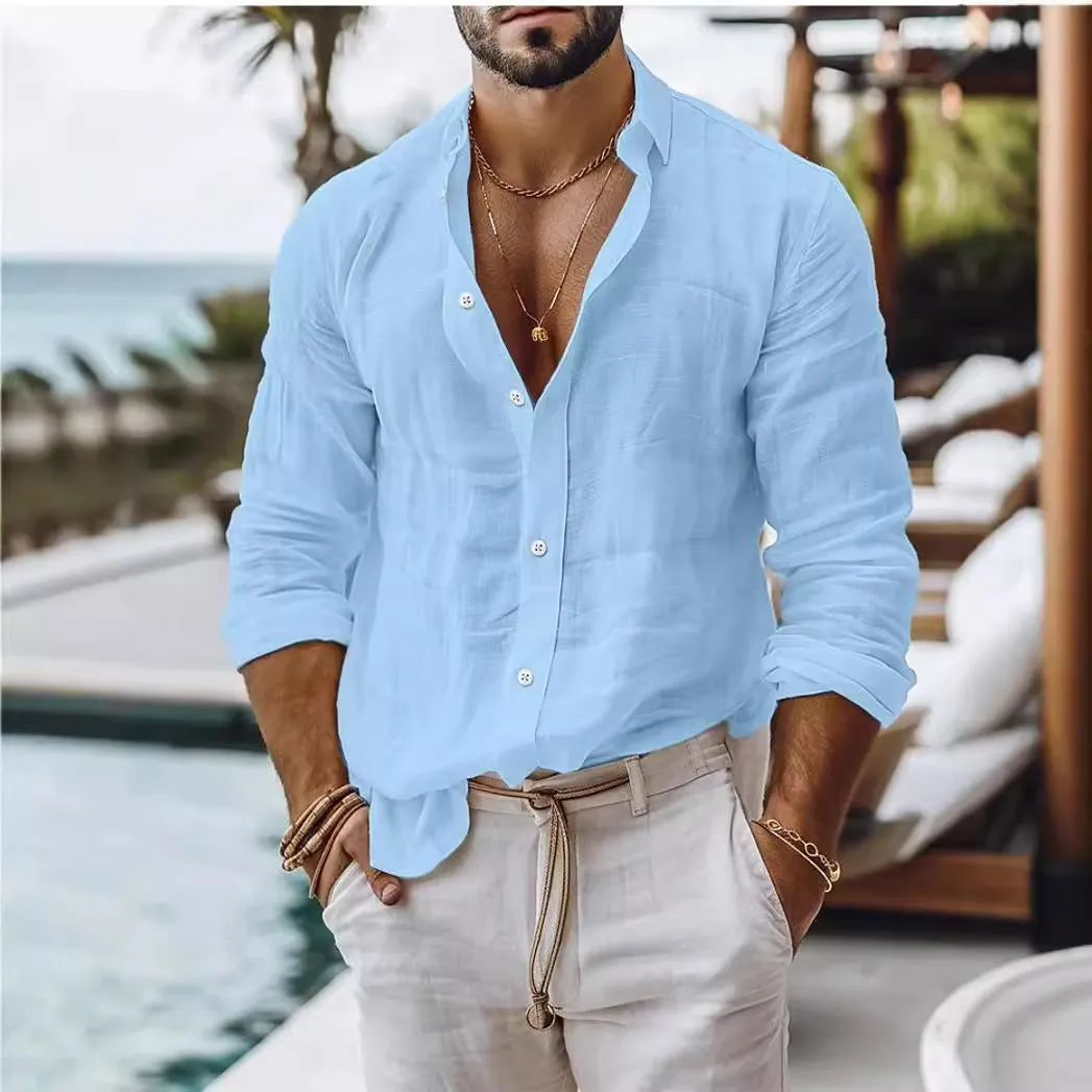 Men's solid colour cotton linen blend long sleeve shirt in regular cardigan style on white background