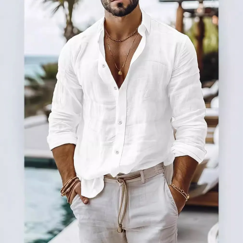 Men's solid colour cotton linen blend long sleeve shirt in regular cardigan style on white background