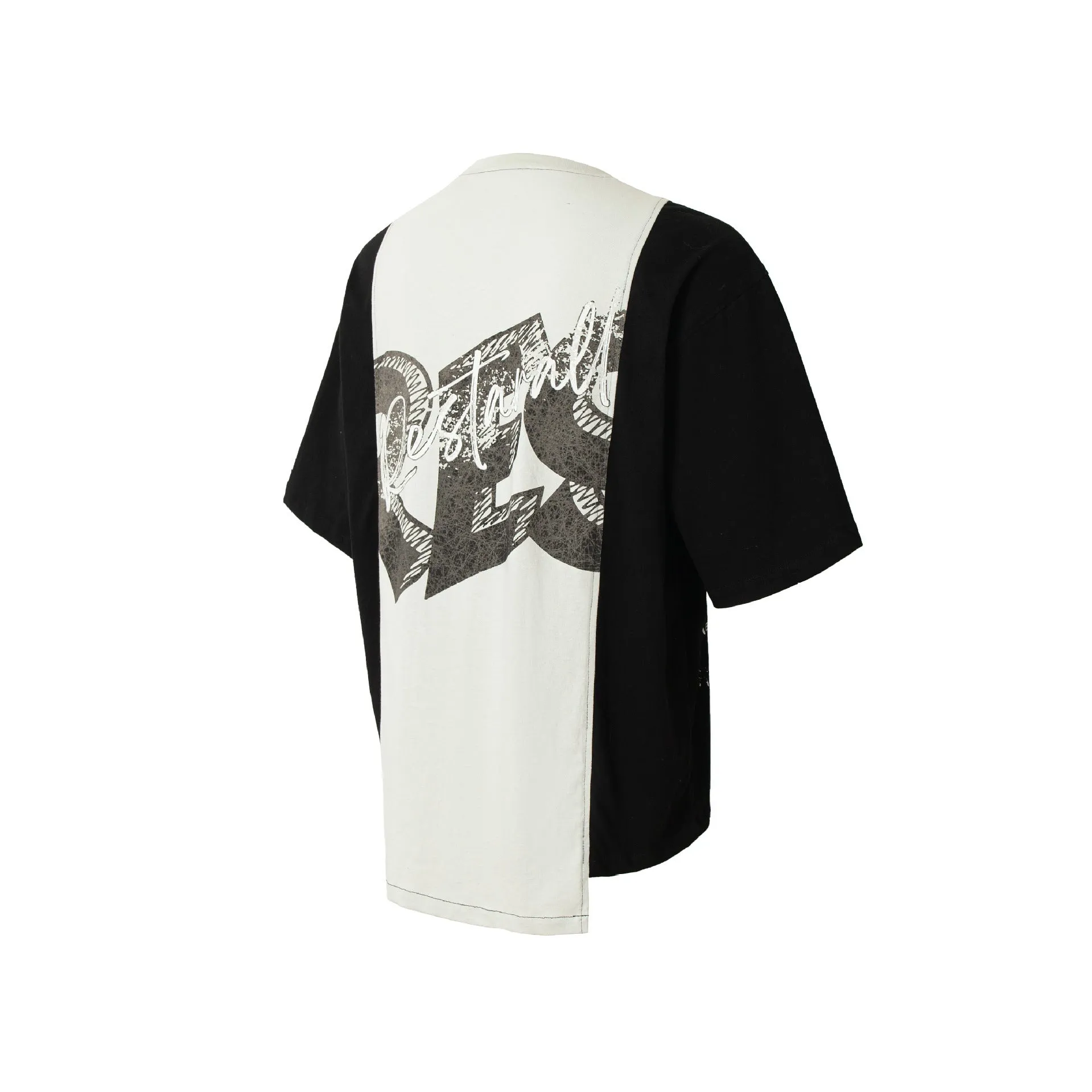 Black and white deconstruction print loose-fit cotton blend T-shirt on a hanger