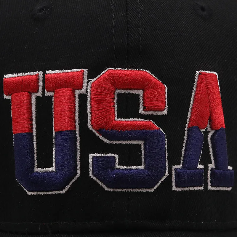 Cotton baseball cap with USA embroidery, adjustable fit, available in navy blue