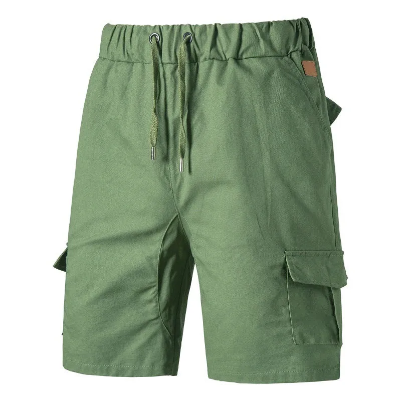 Casual cotton blend multi-pocket men's shorts in Army Green, front view, sizes S-3XL